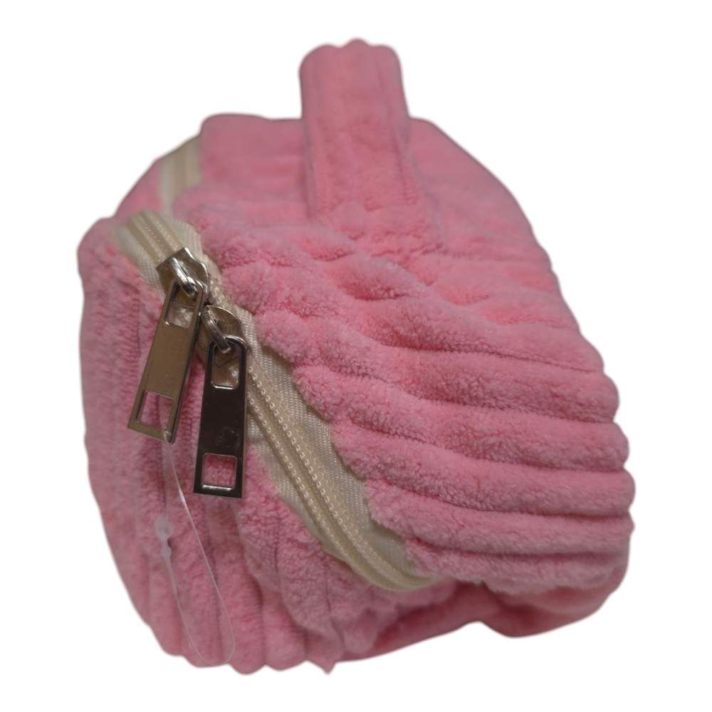 Cosmetic Bag Women's Pink Plush Top Handle Zippered Closure With Compartments - Picture 2 of 9